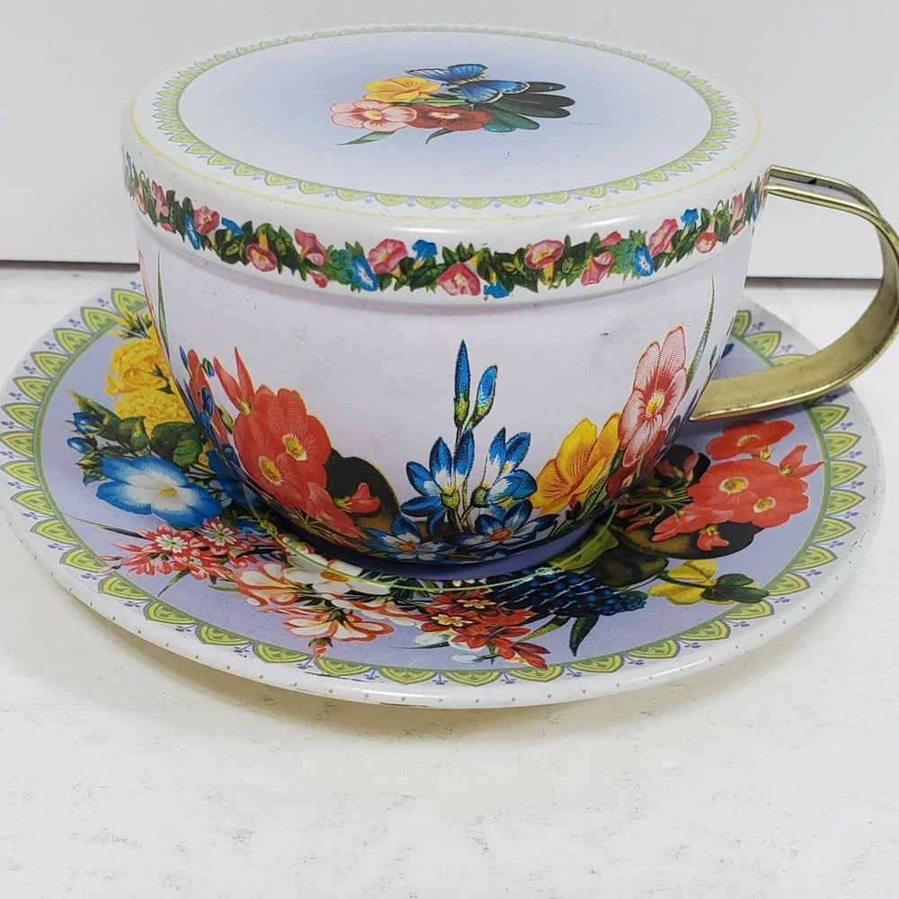 Michel & Company Teacup Saucer Tin The Gifted Line Floral Butterfly Blue Gold